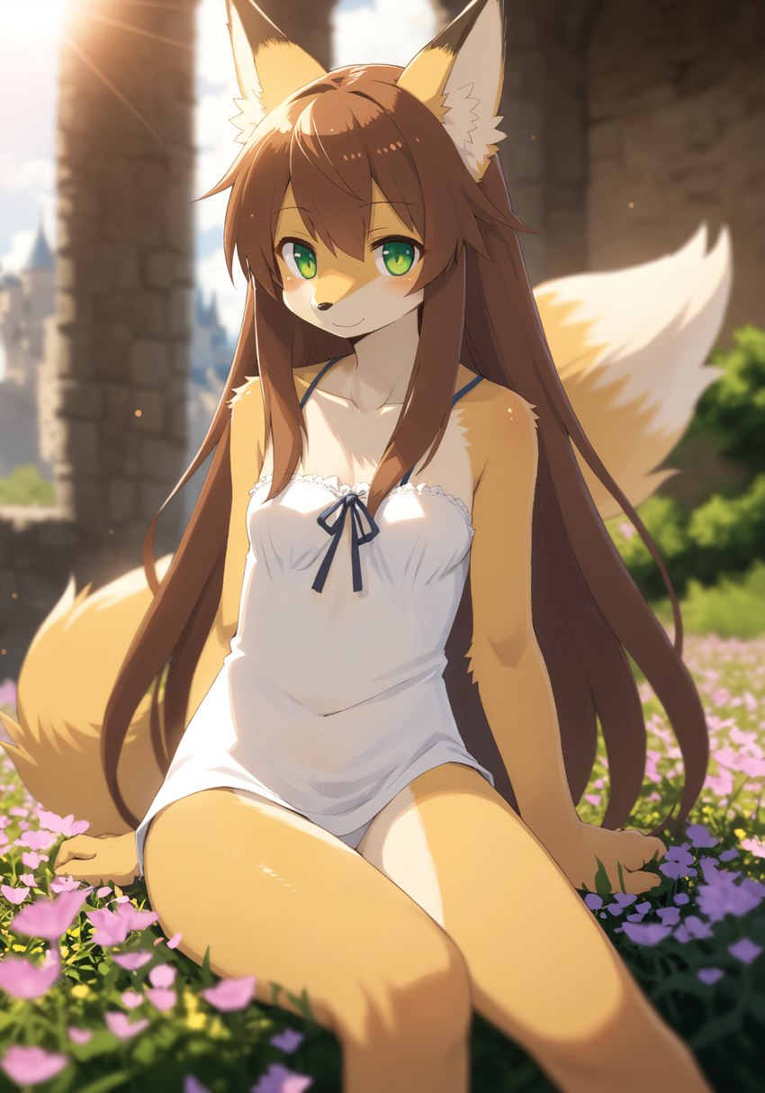 anthro bangs blue_ribbon blurred_background blush breasts brown_hair building castle clothing countershading day dipstick_ears female flower fluffy fluffy_tail grass green_eyes hair inner_ear_fluff kemono light long_hair long_tail multicolored_ears pillar plant sitting small_breasts smile solo sunlight tuft white_body white_clothing white_countershading yellow_body yiffymix_(model) chilon249 canid canine fox mammal hi_res