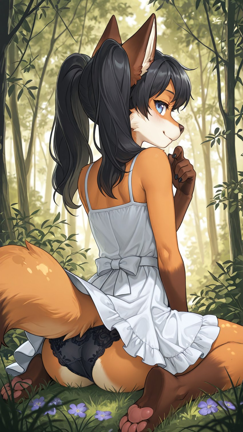 anthro black_clothing black_hair black_panties black_underwear blue_eyes butt clothed clothing dress female flower forest fur hair kneeling lace_panties long_hair looking_at_viewer looking_back looking_back_at_viewer multicolored_body multicolored_fur orange_body orange_fur outside panties pawpads paws pigtails plant presenting raised_tail rear_view smile solo spread_legs spreading tree tuft two_tone_body two_tone_fur two_tone_tail underwear white_body white_clothing white_dress white_fur unknown_director alina_braun canid canine canis fox mammal red_fox hi_res