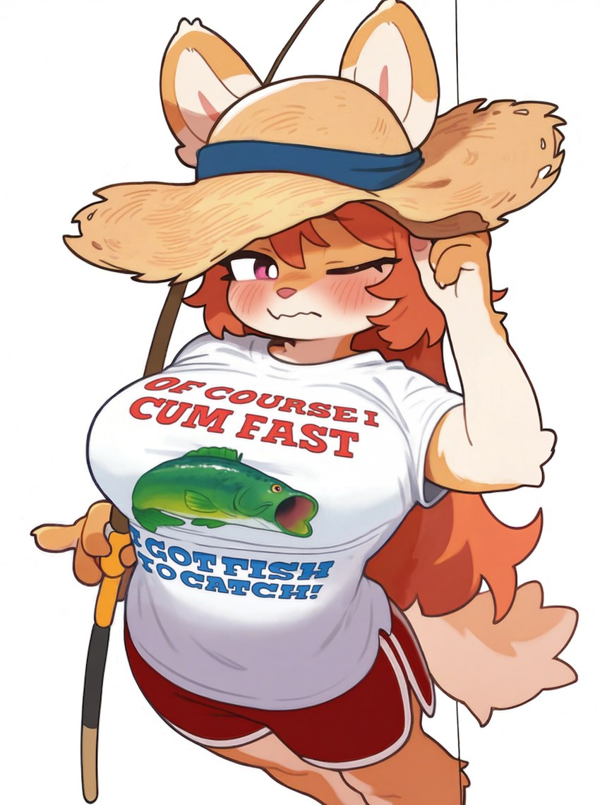 anthro big_breasts blush bottomwear breasts clothing female fishing fishing_rod fur hair hat headgear headwear long_hair one_eye_closed orange_hair pink_eyes shirt shorts simple_background solo standing straw_hat tan_body tan_fur text text_on_clothing topwear wavy_mouth white_background wheel_of_fortune ambiguous_species canid mammal hi_res