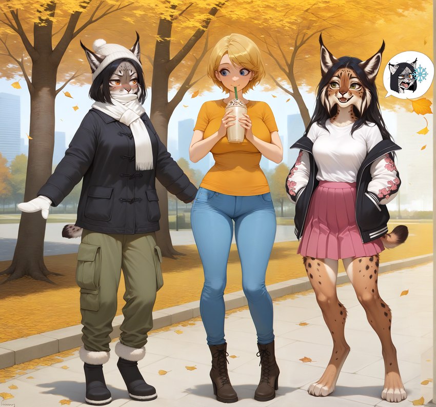 anthro autumn barefoot beverage blue_eyes boots bottomwear cargo_pants clothing container cup drinking ears_up falling_leaves feet female footwear gloves green_eyes group hand_in_pocket handwear hat headgear headwear orange_eyes outdoors outside pants plant pockets scarf skirt tree trio winter_clothing anonymous_director felid feline human lynx mammal hi_res