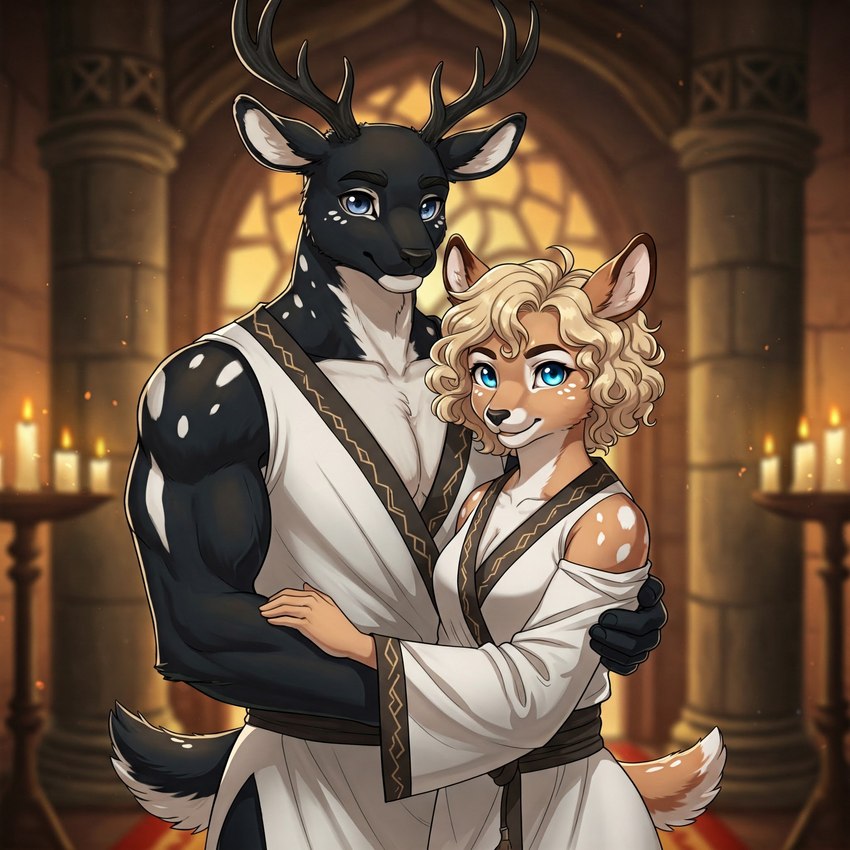 anthro antlers belly black_body black_fur blonde_hair blue_eyes candle clothing curled_hair duo female fur hair holding_partner horn looking_at_viewer male male/female robe spots spotted_body tan_body tan_fur temple tribal_clothing white_belly window director_veprem ebon_(veprem) myrtle_(veprem) capreoline cervid mammal white-tailed_deer hi_res