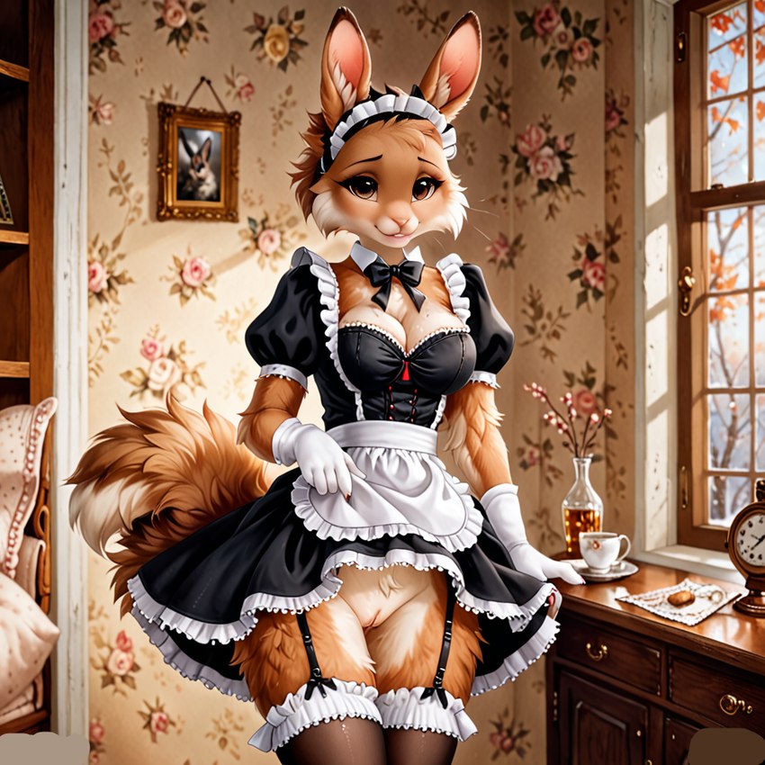 anthro bottomless clothed clothing clothing_lift dress dress_lift female genitals gloves handwear legwear looking_at_viewer maid_headdress maid_uniform pussy solo standing stockings uniform denis0k lagomorph mammal