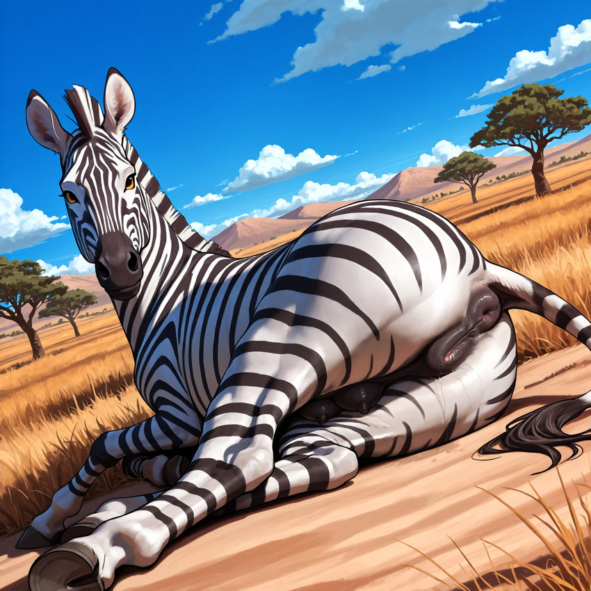 africa animal_genitalia animal_pussy anus big_butt bodily_fluids butt cloud day dutch_angle equine_pussy female feral genital_fluids genitals hooves looking_at_viewer lying on_side puffy_anus pussy pussy_juice rear_view savanna sky solo stripes tail_anus teats thick_thighs pleasedontlook equid equine mammal zebra hi_res