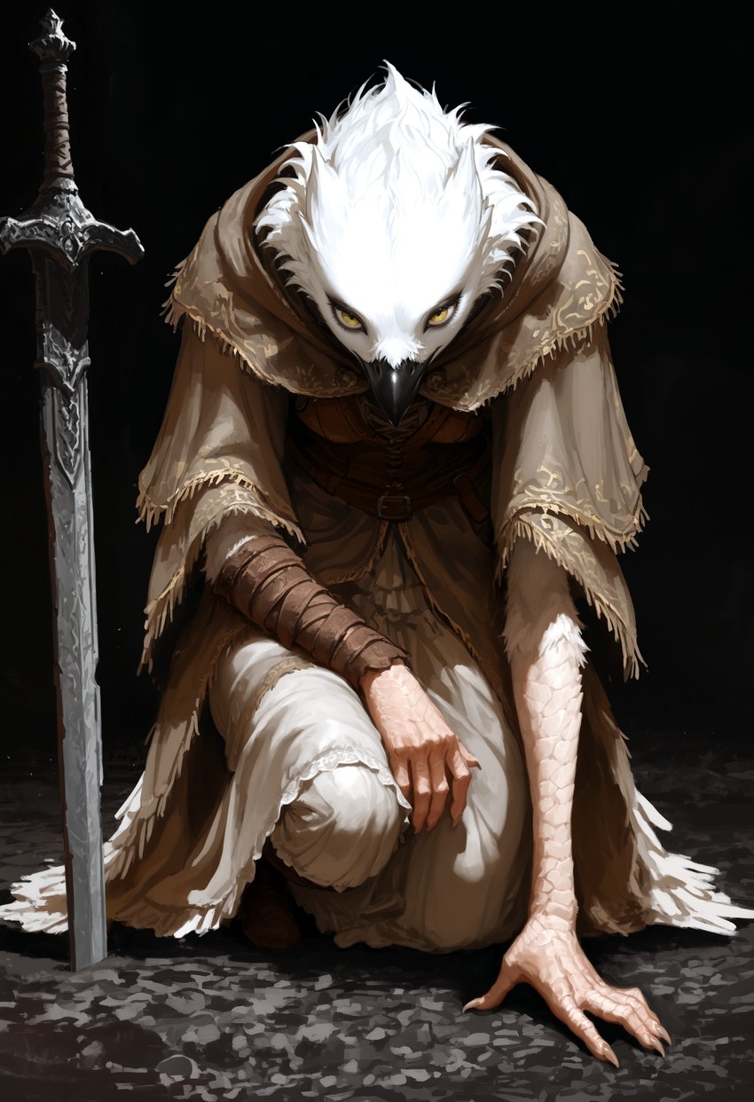 5_fingers anthro beak black_background claws clothed clothing female fingers fully_clothed head_down kneeling kneeling_on_ground looking_at_viewer melee_weapon on_one_knee robe scuted_arms scutes simple_background solo sword weapon white_body yellow_eyes oldhroft avian bird absurd_res hi_res