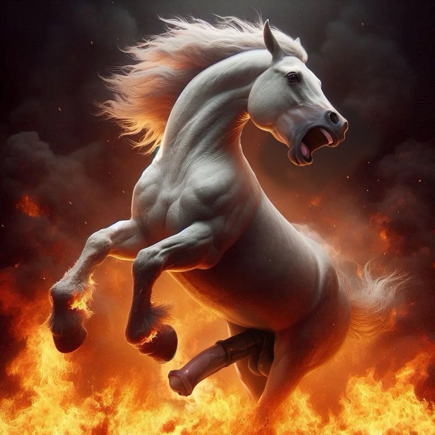 animal_genitalia animal_penis balls burn burning death detailed_background detailed_fur equine_genitalia equine_penis erection feral fire genitals gore hooves hurt jumping male pain penis realistic smoke solo tail white_body eclipsetheorca equid equine horse mammal detailed