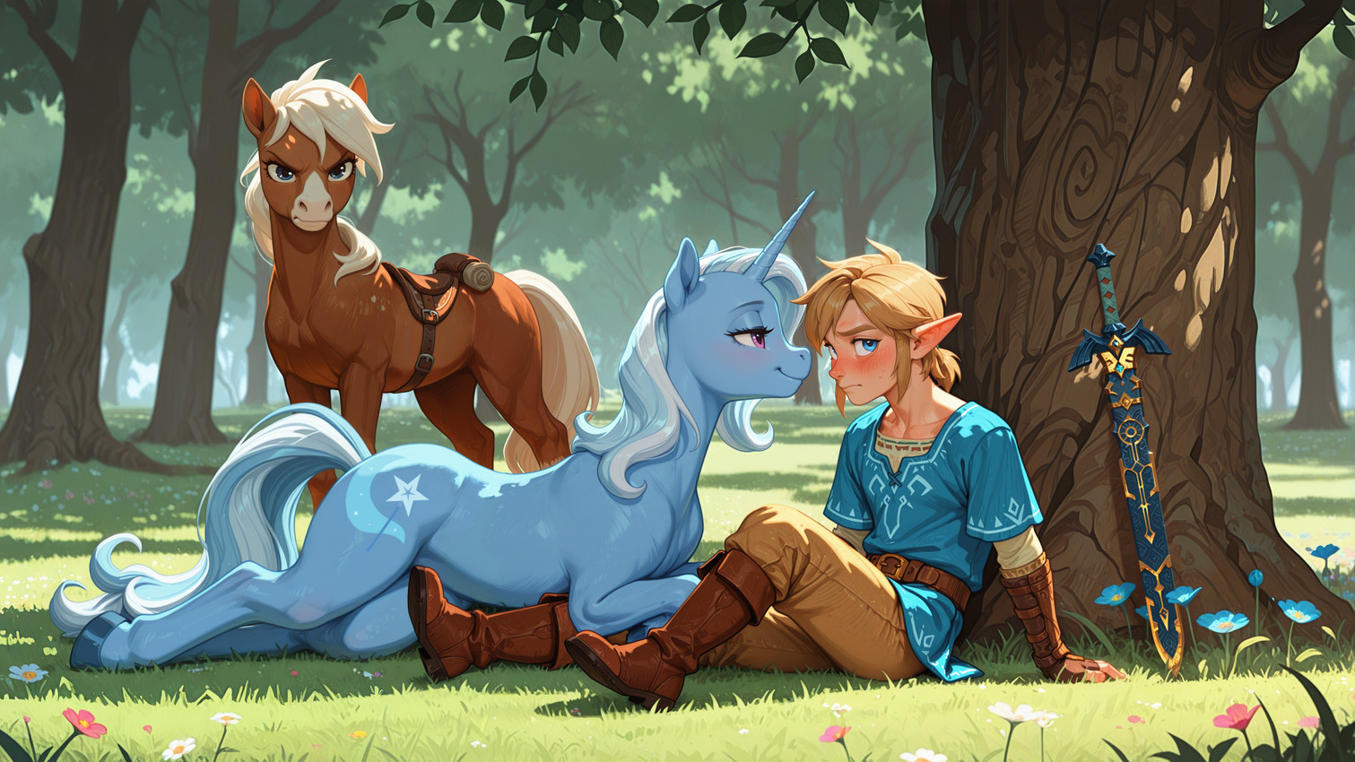 angry blue_body blue_eyes blue_fur blush boots brown_body brown_fur clothing crossover cutie_mark eyelashes female feral flirting flower footwear fur grass group horn male male/female mane melee_weapon outside plant purple_eyes sitting smile smiling_at_viewer sword tail tree trio unicorn_horn weapon truekry friendship_is_magic my_little_pony nintendo the_legend_of_zelda epona_(tloz) link trixie_(mlp) equid equine horse humanoid hylian mammal unicorn hi_res