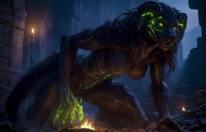 black_body black_fur breasts candle exposed_breasts fangs female fire fur glowing glowing_eyes green_eyes horn looking_at_viewer mystical nipples nude on_knees ruins solo solo_focus spread_legs spreading vein akhiezer hybrid tail absurd_res hi_res