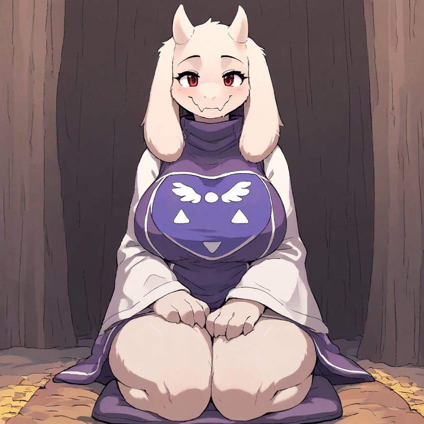 anthro big_breasts blush breasts brown_eyes clothed clothing fangs female fully_clothed fur horn kneeling looking_at_viewer pillow robe smile solo thick_thighs white_body white_fur busahou toriel boss_monster bovid caprine goat mammal