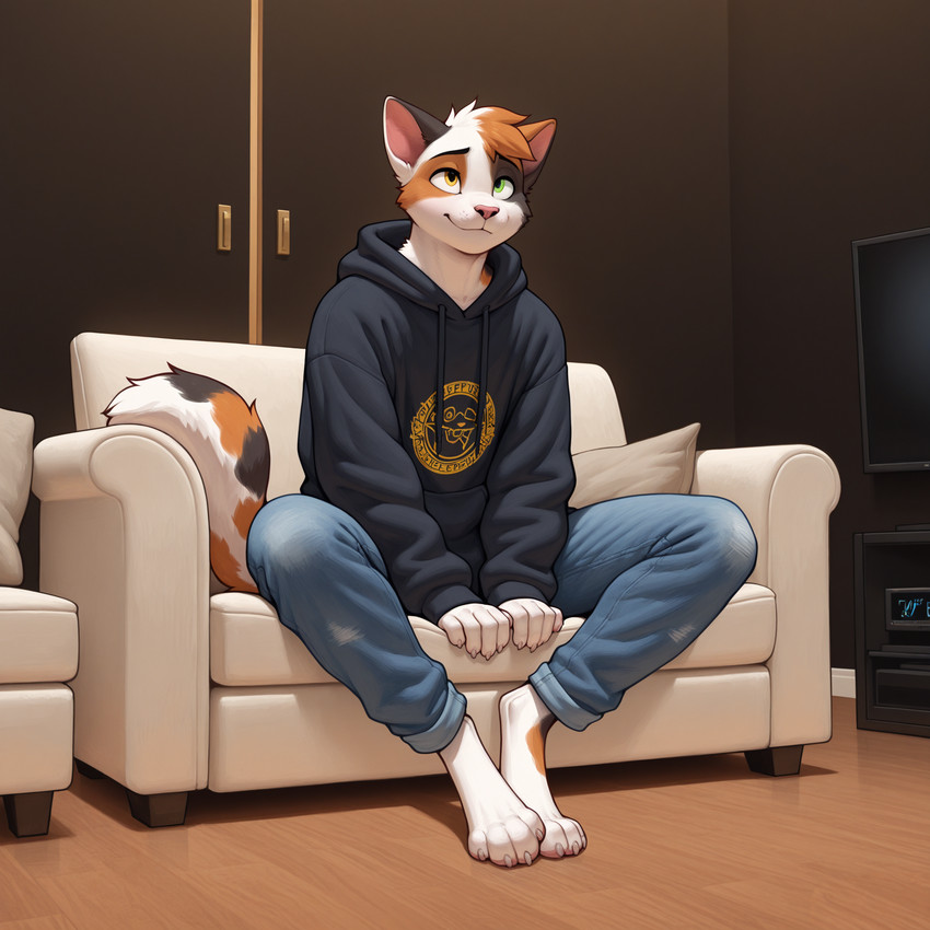 anthro bottomwear claws clothing denim denim_clothing digitigrade fur furniture green_eyes grey_body grey_fur heterochromia hoodie inside jeans male mottled multicolored_body multicolored_fur on_sofa orange_body orange_fur pants piebald pink_nose sitting sitting_on_sofa sofa solo toe_claws topwear white_body white_fur yellow_eyes gertgrg calico_cat domestic_cat felid feline felis mammal hi_res