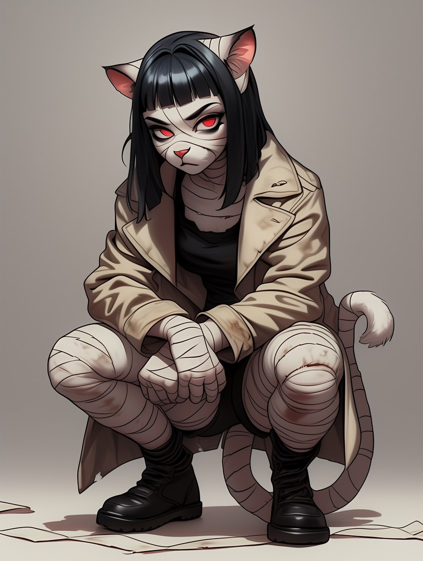 anthro bangs black_clothing black_hair black_topwear boots bottomwear clothing coat crouching female footwear goth hair inner_ear_fluff mummy pink_nose red_eyes shorts simple_background solo topwear trenchcoat tuft sappy_(director) felid feline mammal undead absurd_res hi_res