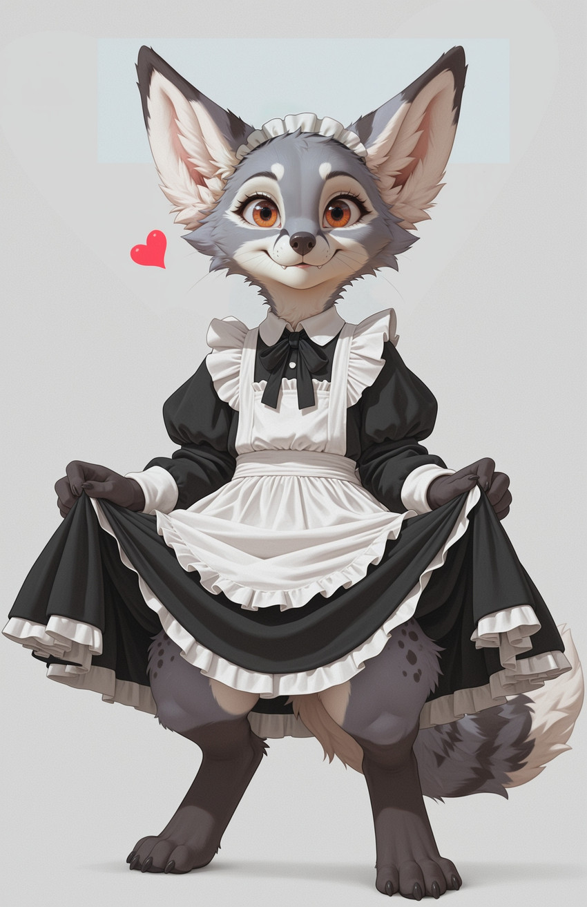 <3 anthro biped blizzard_entertainment cheek_tuft claws clothed clothing clothing_lift countershading crossdressing digitigrade dipstick_tail dress dress_lift facial_tuft feet fingers frilly frilly_clothing fur grey_body grey_fur heart_symbol inner_ear_fluff looking_at_viewer maid_headdress maid_uniform male markings multicolored_body multicolored_fur paws simple_background smile solo standing stripes tail tail_markings teeth toe_claws toes tuft uniform white_body white_fur denatural hummuna warcraft mlem_(mlem) canid canine fox mammal true_fox vulpera full-length_portrait hi_res portrait shaded