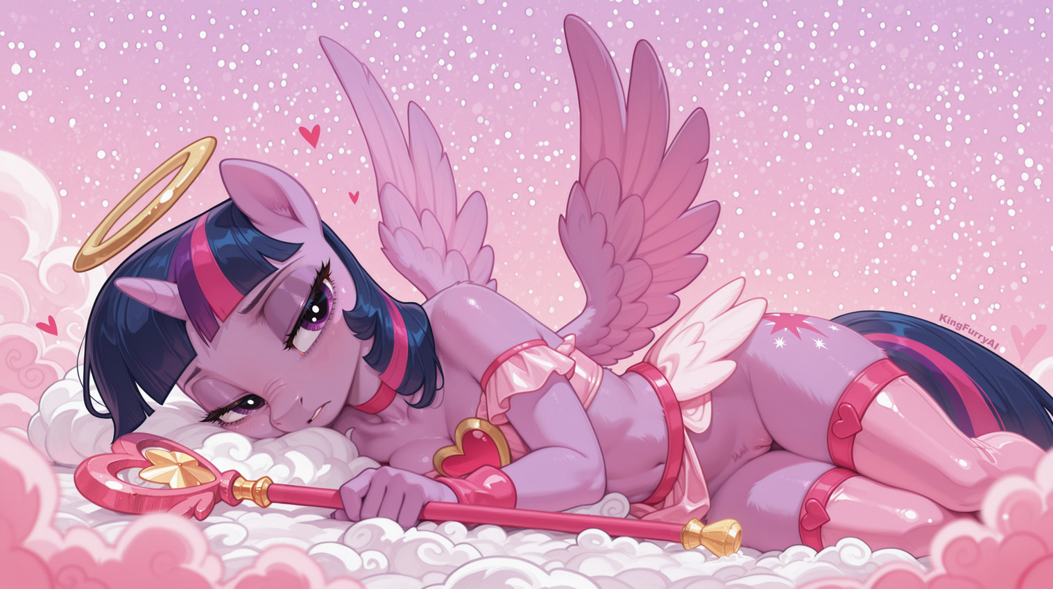 anthro bare_shoulders blush blush_lines blushing_at_viewer bottomwear breasts clothed clothing cloud cupid_costume female fur genitals hair half-closed_eyes halo heart_symbol hip_tuft horn legwear lying medium_breasts multicolored_hair narrowed_eyes navel on_side open_mouth pink_cloud pink_thighhighs pubic_fuzz purple_body purple_eyes purple_fur purple_hair pussy shoulder_tuft skimpy skirt slim_body small_waist solo spread_wings thigh_highs tired top_(disambiguation) tuft wand wings wristband kingfurryai friendship_is_magic my_little_pony twilight_sparkle_(mlp) equid equine horse mammal pegasus pony unicorn absurd_res hi_res