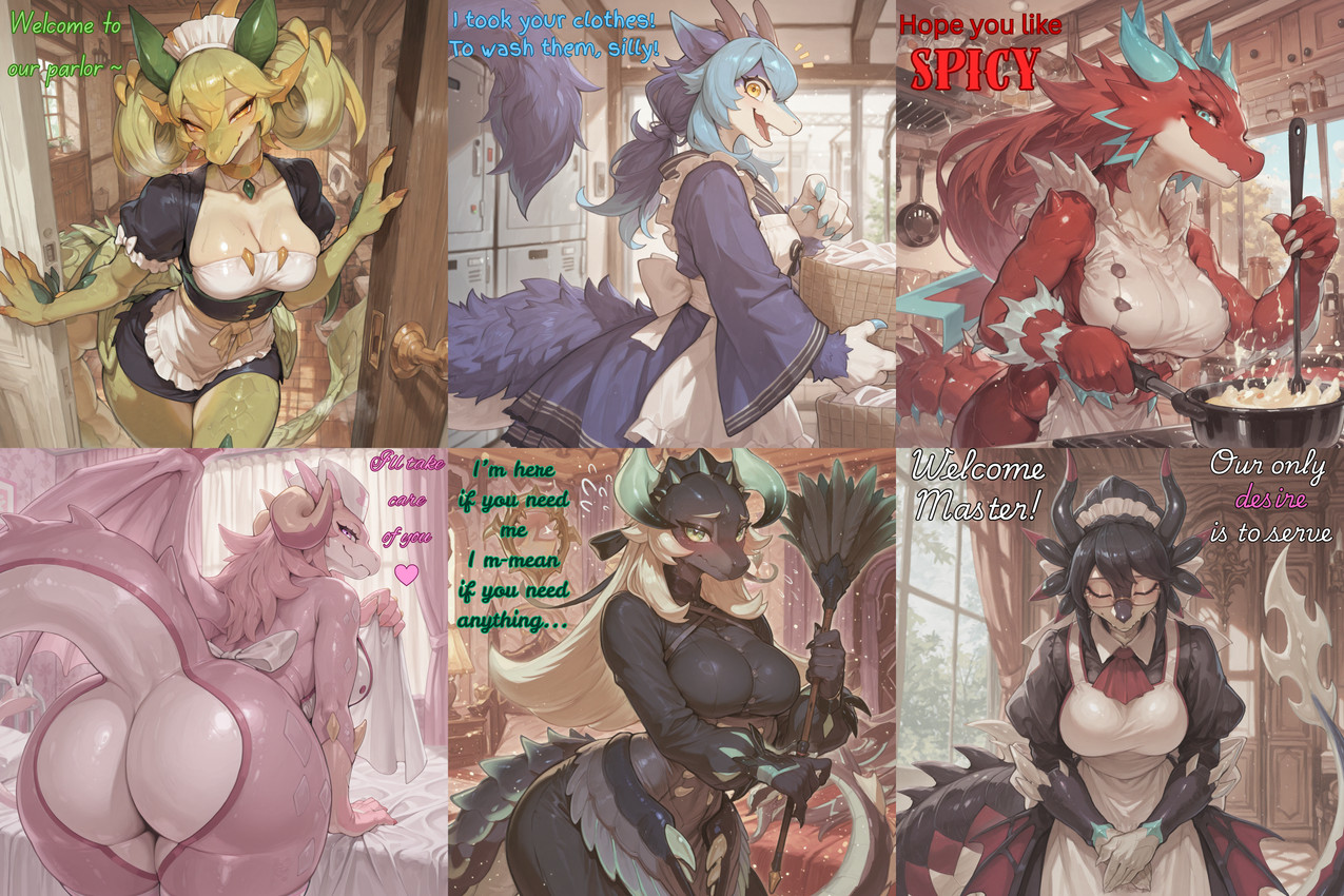 anthro apron big_breasts big_butt biped black_body black_clothing blue_body blue_clothing blue_hair blue_horn blue_scales blush breasts butt chamber_dragonmaid claws cleaning_tool cleavage clothed clothed_female clothing cooking detailed_background dialogue dragonmaid_cehrmba feather_duster female female_anthro fingers fully_clothed fur furniture green_body green_eyes green_scales group hair headgear headwear heart_symbol horn house_dragonmaid inside kitchen_utensils laundry_dragonmaid long_hair looking_at_viewer looking_back looking_back_at_viewer maid_headdress maid_uniform membrane_(anatomy) membranous_wings multicolored_body mythology nude open_mouth pink_body pink_scales presenting presenting_hindquarters purple_body red_body red_scales scales smile solo spikes tail text tools uniform white_body white_clothing white_scales wide_hips wings yellow_eyes gridanon dragonmaid_ernus dragonmaid_lorpar dragonmaid_nudyarl dragonmaid_sheou dragonmaid_tinkhec kitchen_dragonmaid nurse_dragonmaid parlor_dragonmaid dragon dragonmaid_(yu-gi-oh!) duel_monster mythological_creature mythological_scalie scalie western_dragon absurd_res detailed digital_media_(artwork) english_text hi_res stable_diffusion
