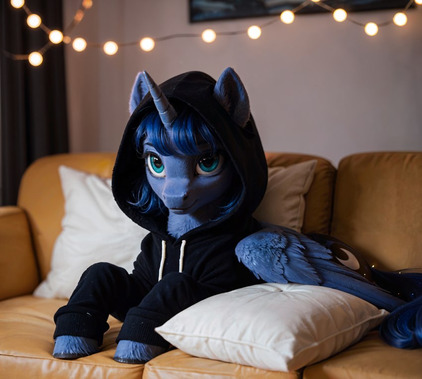 blue_body blue_fur blue_hair clothing cosy female feral fur furniture hair hoodie horn looking_at_viewer lying on_front smile sofa solo teal_eyes topwear wings purrfectlyai my_little_pony princess_luna_(mlp) equid equine horse mammal pony winged_unicorn absurd_res hi_res