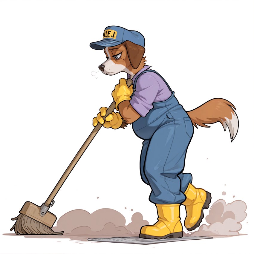 anthro boots broom chubby_anthro chubby_male cleaning_tool clothing dipstick_tail footwear fur gloves half-closed_eyes handwear hat headgear headwear janitor male markings narrowed_eyes overalls simple_background solo tail_markings text text_on_clothing anonymous_director annie_j canid canine canis domestic_dog mammal english_text hi_res