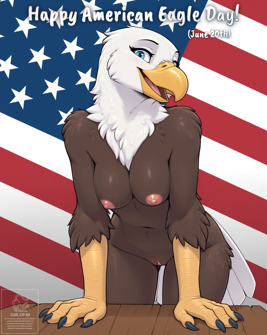 anthro blue_eyes breasts casual_nudity clitoral_hood clitoris feathers female flag furniture genitals happy holidays leaning leaning_forward leaning_on_table looking_at_viewer nipples pussy smile solo stars_and_stripes table tail_feathers text united_states_of_america wood_furniture tailupsd accipitrid accipitriform avian bald_eagle bird eagle sea_eagle english_text hi_res watermark