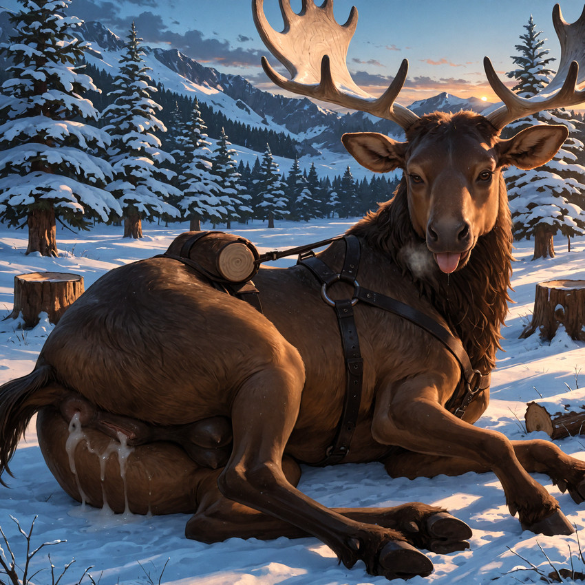 after_sex anatomically_correct animal_genitalia animal_pussy anus bedroom_eyes blep bodily_fluids breath_cloud brown_body brown_fur cloven_hooves cum cum_in_ass cum_in_pussy cum_inside dusk equine_pussy evergreen_tree female feral fur genital_fluids genitals harness hooves log looking_at_viewer looking_back looking_back_at_viewer narrowed_eyes outside pine_tree plant puffy_anus pussy seductive snow solo stump sunset teats tongue tongue_out tree wood pleasedontlook capreoline cervid mammal moose hi_res