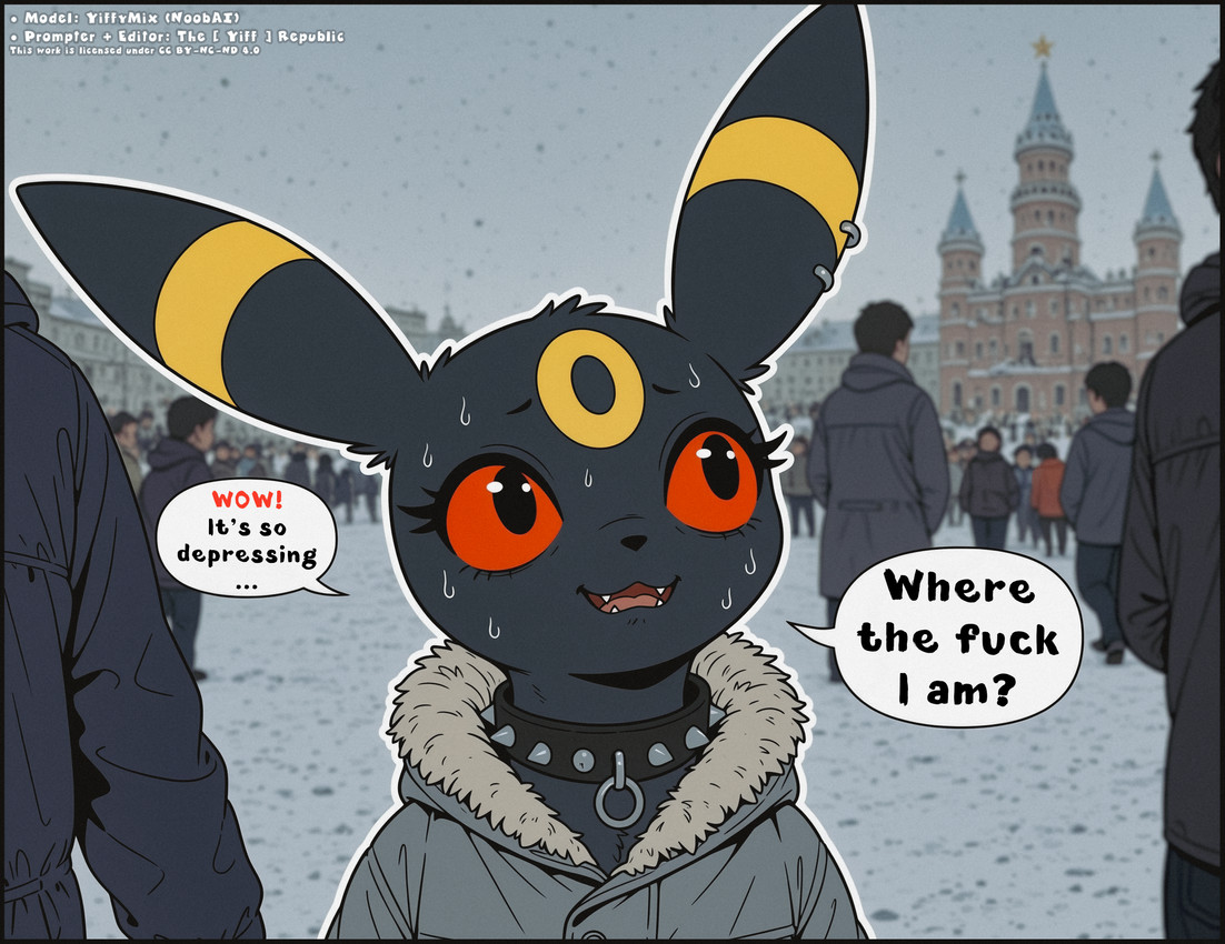 anthro black_collar blurred_background bodily_fluids city city_background clothed clothing collar crowd ear_piercing eyelashes female front_view fur group larger_human long_eyelashes looking_away multicolored_body multicolored_fur nervous_smile offscreen_character open_mouth outline piercing pokemorph profanity size_difference smaller_anthro snow snowing solo solo_focus speech_bubble spiked_collar spikes sweat text two_tone_body two_tone_fur wavy_mouth winter_clothing the_yiff_republic nintendo pokemon selena_(the_yiff_republic) eeveelution generation_2_pokemon human mammal pokemon_(species) umbreon absurd_res english_text hi_res meme