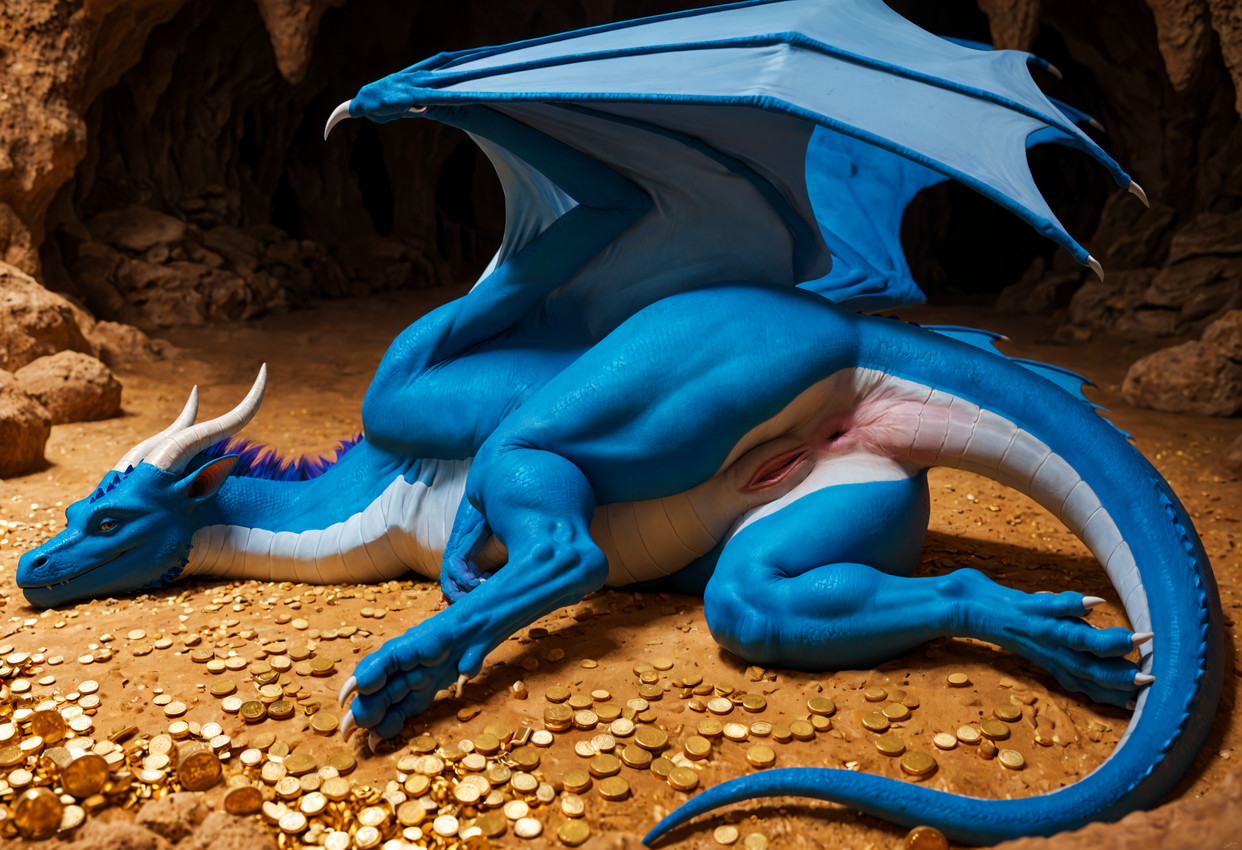 anus blue_body blue_scales cave female feral genitals gold_(metal) horn looking_at_viewer lying mythology on_side pussy sand scales solo spread_wings tail wings crimson_fenrir_(director) dragon mythological_creature mythological_scalie scalie western_dragon hi_res