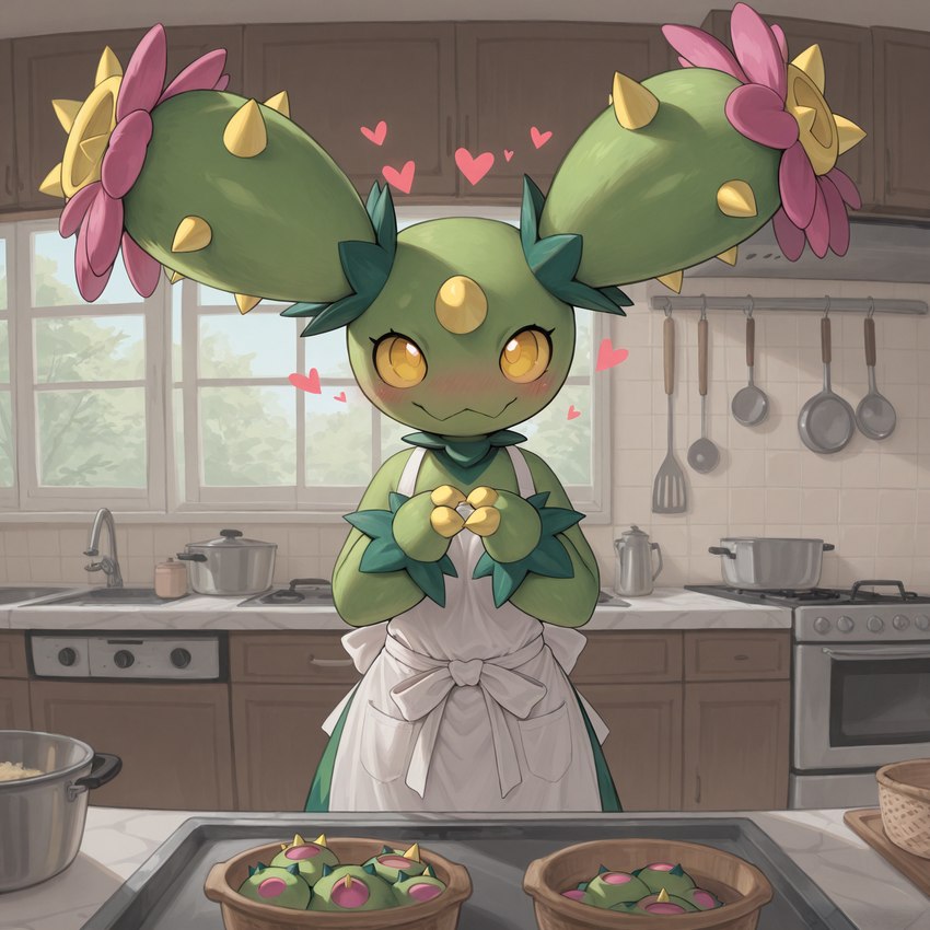 <3 anthro appliance apron blush clothing day detailed_background female food kitchen kitchen_utensils looking_at_viewer smile solo stove tools window anonymous_director nintendo pokemon generation_5_pokemon maractus pokemon_(species) hi_res