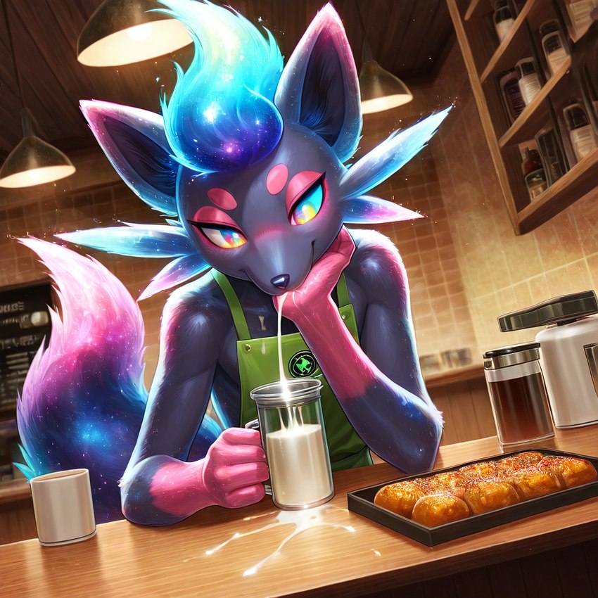 anthro barista beverage bodily_fluids coffee cosmic_fur cum cum_in_mouth cum_inside cum_on_counter drooling drooling_cum femboy focused_on_task fur genital_fluids girly looking_at_viewer male multicolored_body multicolored_eyes multicolored_fur pastry pink_body pink_fur saliva solo spitting_in_drink silencien generation_5_pokemon pokemon_(species) zorua