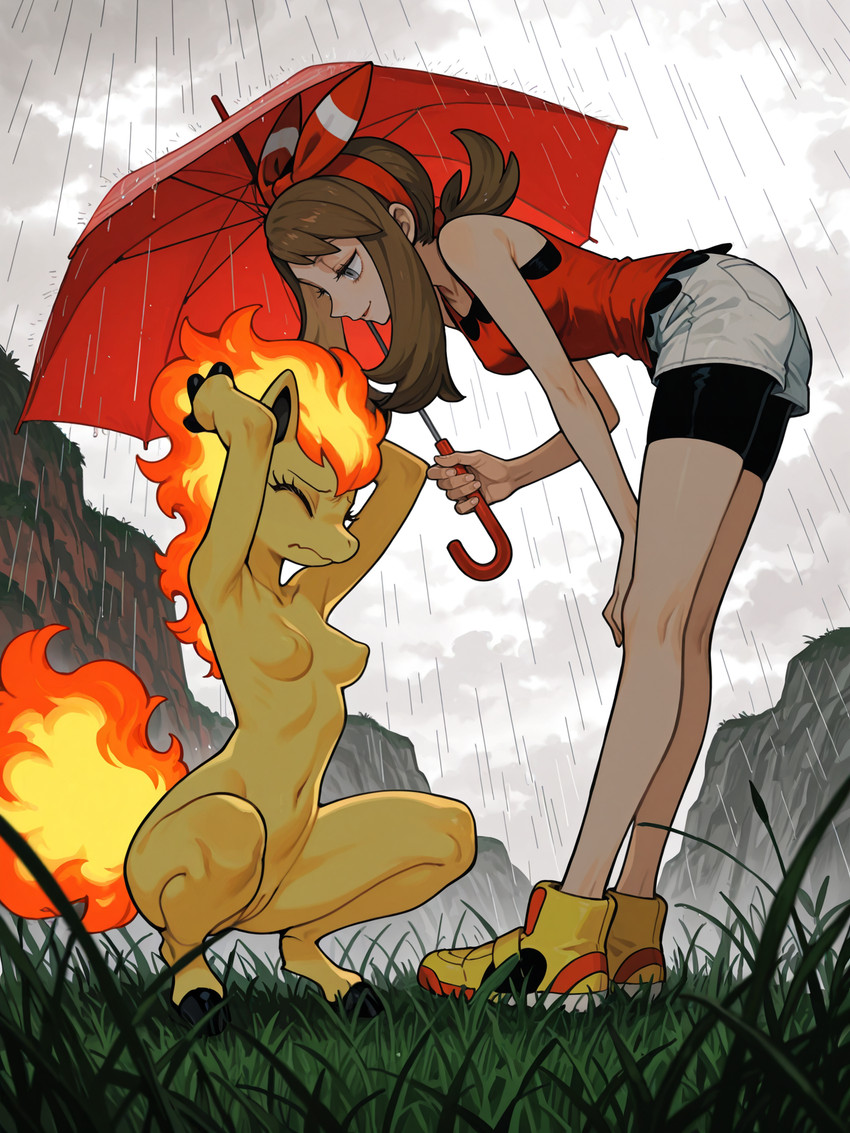 accessory anthro anthrofied bottomwear breasts brown_hair clothed clothed/nude clothed_female clothing cloud crouching detailed_background duo eyelashes eyes_closed featureless_breasts female fire flaming_hair flaming_mane flaming_tail footwear grass hair hooves interspecies long_legs medium_breasts nipples nude outside plant pseudo_hair pseudo_mane raining shirt shoes shorts small_breasts smile standing tail topwear umbrella yellow_body unknown_director nintendo pokemon may_(pokémon) equid generation_1_pokemon mammal pokemon_(species) ponyta hi_res