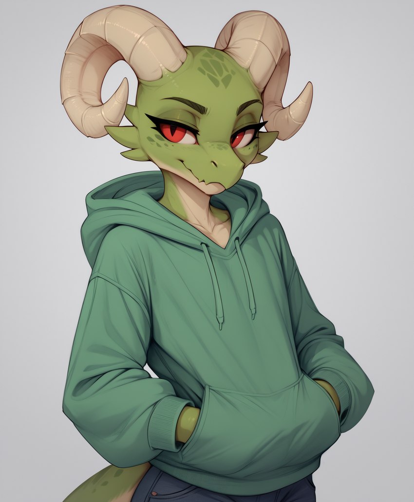 anthro bovid_horn caprine_horn clothing green_body green_scales half-closed_eyes hand_in_pocket hoodie horn looking_at_viewer male narrowed_eyes pockets ram_horn red_eyes scales smile solo topwear nonimousmate jack_the_kobold kobold hi_res