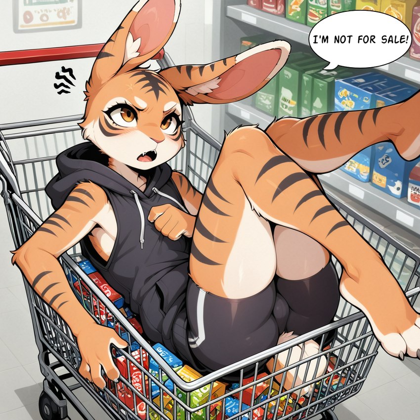 4_fingers annoyed anthro bike_shorts black_clothing black_hoodie black_topwear bottomwear brown_eyes clothing dialogue fingers fur hoodie looking_up lying male on_back open_mouth orange_body orange_fur shopping_cart shorts sleeveless_hoodie solo speech_bubble store text topwear cartuniverse cart_(cartuniverse) felid hybrid lagomorph mammal pantherine tiger