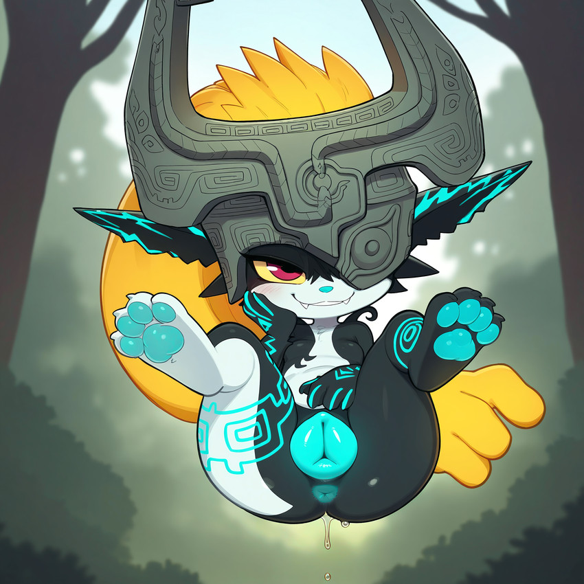 animal_genitalia animal_pussy big_pussy black_pussy blue_pawpads bodily_fluids canine_genitalia canine_pussy cute_fangs digitigrade floating genital_fluids genitals glistening glistening_genitalia glistening_pussy glowing glowing_genitalia glowing_markings glowing_pussy hair happy headgear inviting levitation looking_at_viewer markings narrowed_eyes one_eye_obstructed orange_hair outside pawpads pussy pussy_focus pussy_juice seductive sharp_teeth short_stack smug snout solo teeth nastai nintendo the_legend_of_zelda midna wolf_midna canid hybrid mammal absurd_res hi_res