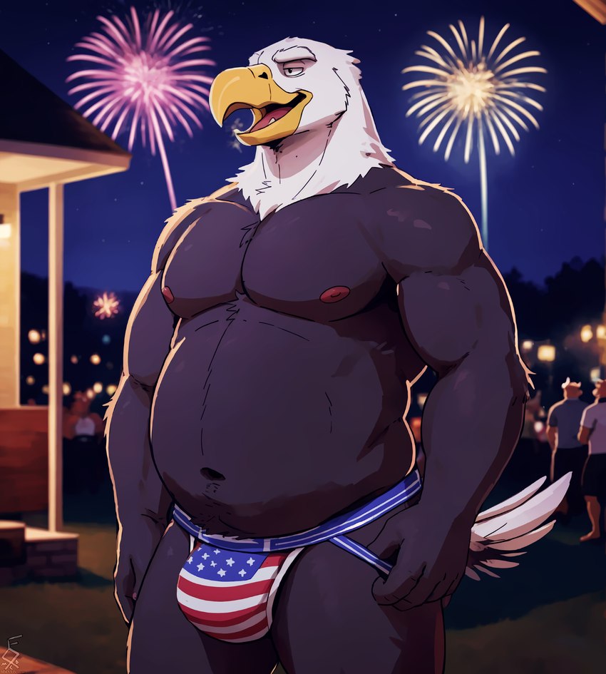 4th_of_july 5_fingers anthro beak blurred_background brown_body bulge clothed clothing crowd feathers fingers fireworks group jockstrap male manly multicolored_body musclegut muscular muscular_male navel night nipples open_mouth open_smile outside public slightly_chubby smile solo_focus standing stars_and_stripes teeth two_tone_body underwear underwear_only united_states_of_america white_body yellow_beak fox1400 accipitrid accipitriform avian bald_eagle bird eagle sea_eagle absurd_res hi_res portrait three-quarter_portrait watermark