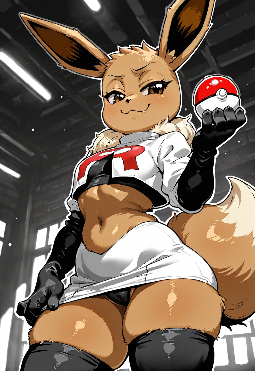 5_fingers anthro big_ears black_clothing black_gloves black_handwear blush bottomwear breasts brown_body brown_eyes brown_fur camel_toe clothed clothing female female_anthro fingers fluffy fluffy_tail fur gloves handwear looking_at_viewer midriff miniskirt navel panties pokeball pokemorph skirt small_breasts smug solo standing team_rocket_uniform thick_thighs topwear underwear uniform wide_hips andreafrancisca nintendo pokemon eevee generation_1_pokemon mammal pokemon_(species) hi_res