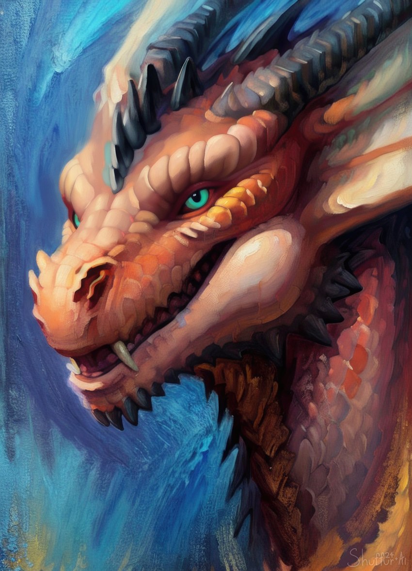 blue_background feral fin gradient_background green_eyes head_fin red_body red_scales scales simple_background smile solo spikes spikes_(anatomy) tan_body tan_scales teeth shuffur scalie absurd_res headshot_portrait hi_res portrait