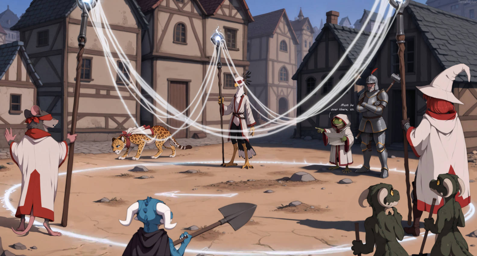 anthro armor arms_crossed arrow_sign beard blindfold blue_body blue_eyes blue_scales bottomless casual_exposure casual_nudity clothed clothing detailed_background elderly_male facial_hair fantasy feathers featureless_chest female female_anthro female_human feral fur genitals gesture green_body green_scales grey_beard grey_body grey_fur group hammer hat headgear headwear helmet holding_object horizontal_pupils horn magic magic_circle magic_user male male_human medieval nude open_mouth outside pointing pupils pussy ritual robe runes scales shovel size_difference text tools town white_body white_feathers white_horn wizard_hat terraraptor world_of_midria accipitriform amphibian avian bird felid frog human jaguar kobold mammal murid murine pantherine rat rodent scalie secretary_bird director_name english_text hi_res