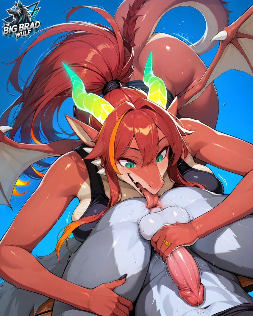 anal anthro anthro_on_anthro anus anus_lick balls big_breasts biped blush bodily_fluids bottomless bra breasts butt claws cleavage clothed clothed_female clothing countershading digit_ring duo erection faceless_character female female_rimming_male fingers flying fur genitals green_eyes grey_body hair handjob horn humanoid_genitalia humanoid_penis jewelry licking long_hair male male/female male_anthro married_couple married_sex membrane_(anatomy) membranous_wings mostly_nude mythology navel no_underwear nude open_mouth oral penile penis perineum ponytail reach_around red_body red_hair rimming ring rusty_trombone scales sex shirt spreading sweat tail tongue tongue_out topwear underwear wedding_ring wings thebigbradwulf brad_wulf_(thebigbradwulf) emberlynn_(thebigbradwulf) canid canine canis dragon humanoid mammal mythological_creature mythological_scalie scalie wolf digital_media_(artwork)