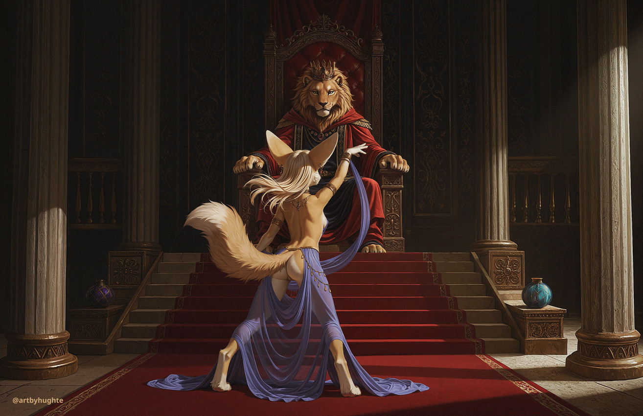 4_toes 5_fingers anthro banner big_ears blonde_hair bracelet breasts chair cinematic cinematic_lighting clothed clothing column crown dancewear dancing detailed_background detailed_fur digitigrade dim_lighting ear_piercing ear_ring feet female film_grain fingers front_view fur furniture genitals hair jewelry king light light_beam long_hair looking_at_another male mane multicolored_body multicolored_fur nude partially_clothed piercing purple_clothing pussy rear_view red_carpet red_clothing red_robe ring_piercing robe royalty rug sitting small_breasts solo stairs stone_floor sunbeam sunlight symmetry tan_body tan_fur tan_hair tasteful_nudity throne throne_room toes two_tone_body two_tone_fur hughte canid canine felid fennec fox lion mammal pantherine absurd_res detailed hi_res
