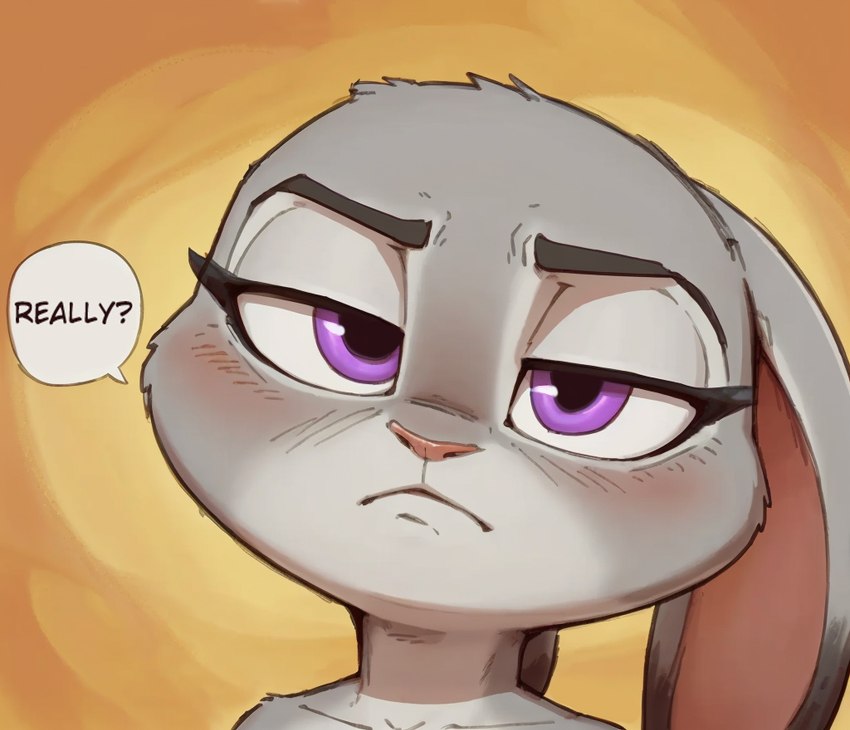 annoyed_expression anthro blush ears_down female half-closed_eyes head_tilt looking_at_viewer narrowed_eyes pivoted_ears reaction_image solo text unimpressed zootopia anonymous_director judy_hopps lagomorph leporid mammal rabbit english_text