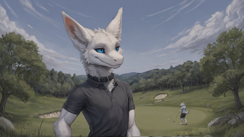 ambiguous_gender anthro athletic black_collar blue_eyes blue_sclera clothing cloud collar detailed_background duo eyelashes fur golf golf_club golf_course inner_ear_fluff looking_aside monotone_body monotone_fur mouth_closed plant polo_shirt sand shirt smile solo_focus topwear tree tuft unbuttoned_shirt white_body white_fur scalesai luna_(scalesai) canid canine canis dragon furred_dragon mammal wolf hi_res widescreen