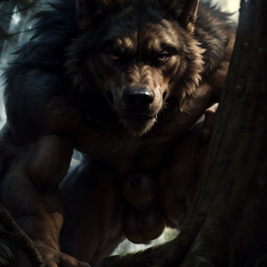 animal_genitalia anthro ball_tuft balls black_body black_lips black_nose black_skin chest_tuft crouching depth_of_field ears_up forest genitals hand_on_ground imminent_rape inner_ear_fluff intense_gaze lips looking_at_viewer low-angle_view male muscular muscular_anthro muscular_male neck_tuft plant sheath solo tree tuft yellow_eyes keebler canid canine canis mammal were werecanid werecanine werewolf wolf