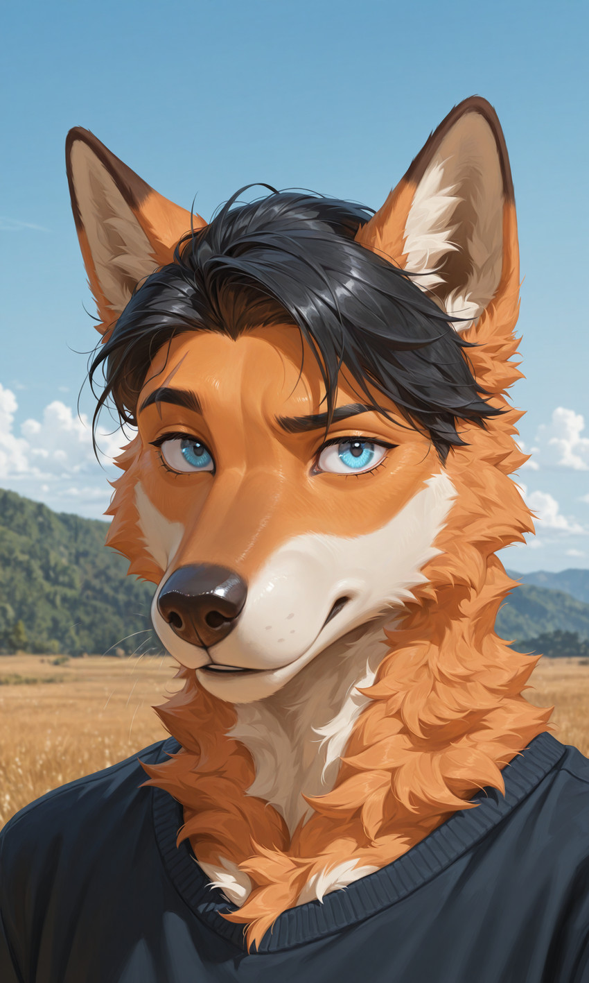 anthro black_clothing black_hair black_shirt black_topwear blue_eyes blue_sky clothing countryside fur hair male orange_body orange_fur scar shirt sky solo topwear futurecop canid canine canis dingo mammal nox_(disambiguation) absurd_res hi_res portrait