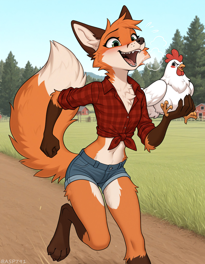 4_toes 5_fingers anthro barn bottomwear breath canine_nose canine_teeth chest_tuft claws clothed clothing denim denim_clothing dipstick_arms dipstick_limbs dipstick_tail excited farm feet female fingers flannel_shirt fur green_eyes happy head_tuft holding_object markings open_mouth orange_body orange_fur outside panting paws running shirt shorts smile solo tail_markings tied_shirt toe_claws toes topwear tuft whisker_spots asp791_(director) pancake_(asp791) canid canine canis fox mammal absurd_res hi_res signature