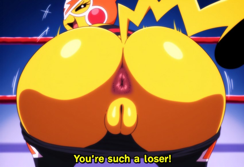 anus butt butt_focus clothing cosplay_pikachu_(costume) dialogue female fighting_ring genitals mask pussy solo yellow_body yellow_skin anonymous_director nintendo pokemon pikachu_libre generation_1_pokemon pikachu pokemon_(species)