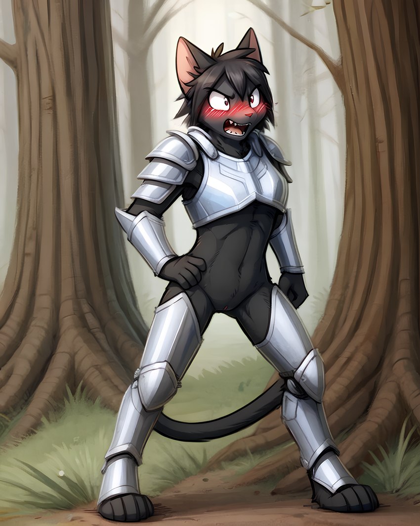 2024 angry anthro armor barefoot black_body black_fur black_hair blush bottomless bottomless_anthro bottomless_female bracers breastplate breasts clitoris clothed clothing detailed_background digitigrade dirt embarrassed fangs feet female flustered fog forest fur genitals grass greaves hair hand_on_hip metal metal_armor muscular muscular_female offscreen_character open_mouth outside partially_clothed paws plant plate_armor pussy sharp_teeth short_hair shoulder_armor solo stable_diffusion standing teeth tree wide_stance yelling ablativeshield domestic_cat felid feline felis mammal 4:5 absurd_res digital_media_(artwork) full-length_portrait hi_res portrait shaded