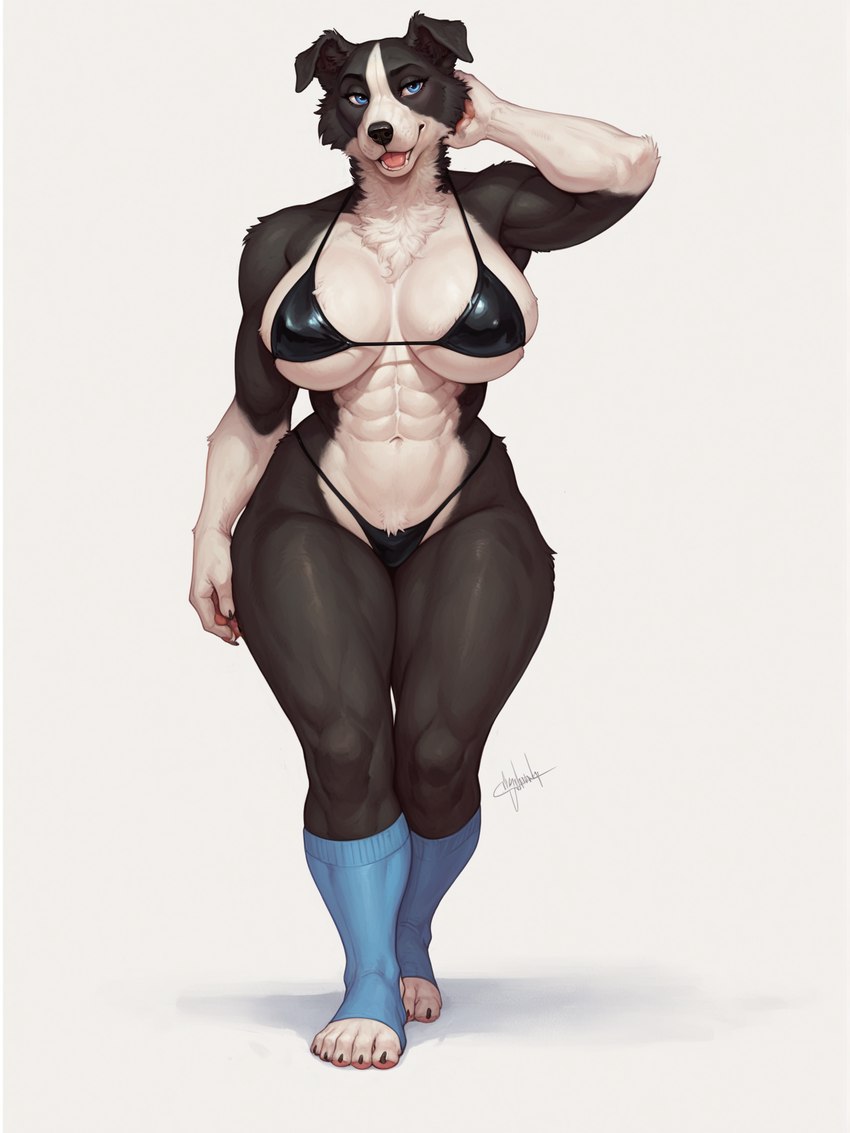 4_toes 5_fingers abs anthro athletic athletic_anthro athletic_female barely_contained big_breasts bikini black_body black_clothing black_fur black_nose blue_clothing blue_eyes bra breasts chest_tuft claws cleavage clothed clothing curvy_figure feet female finger_claws fingers floppy_ears footwear front_view fur glistening glistening_body glistening_breasts glistening_clothing hand_behind_head huge_breasts legwear looking_at_viewer multicolored_body multicolored_fur muscular muscular_anthro muscular_female muscular_thighs navel nipple_outline open_mouth pawpads paws simple_background skimpy smile socks solo standing string_bikini swimwear teeth thick_thighs thong toe_claws toeless_footwear toes tongue tuft two_tone_body two_tone_fur underwear white_background white_body white_fur wide_hips anonymous_director sarah_(u.d) border_collie canid canine canis collie domestic_dog herding_dog mammal pastoral_dog sheepdog full-length_portrait hi_res portrait signature