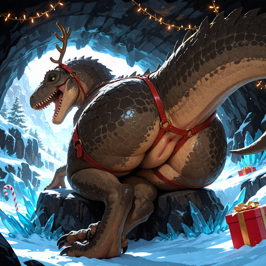 animal_genitalia arctic big_butt butt candy candy_cane cave christmas_clothing christmas_headwear christmas_present christmas_theme claws cloaca clothing dessert digitigrade female feral food genitals glacier harness headgear headwear ice inviting legs_together looking_at_viewer looking_back looking_back_at_viewer open_mouth scales sharp_teeth sitting sitting_on_rock snow solo teeth thick_tail thick_thighs tongue tongue_out pleasedontlook dinosaur reptile scalie theropod tyrannosaurid tyrannosaurus hi_res