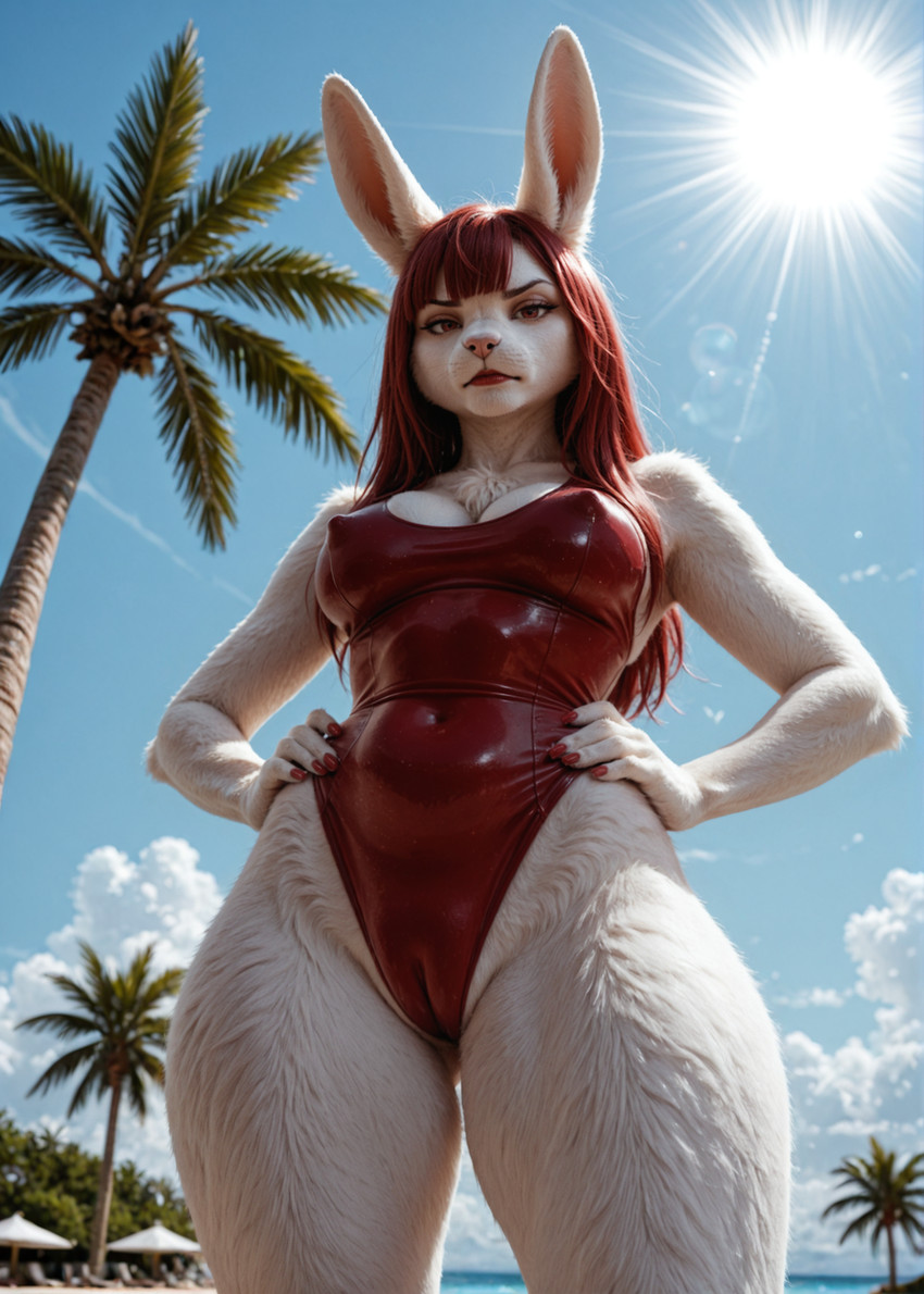 anthro bangs beach breasts camel_toe cleavage clothed clothing colored_nails erect_nipples female fur hair hands_on_hips light lipstick looking_at_viewer low-angle_view makeup nails navel neutral_expression nipples one-piece_swimsuit realistic red_clothing red_eyes red_hair red_lipstick red_nails red_swimwear seaside solo standing straight_bangs sunlight swimwear thick_thighs white_body white_fur tacitus_kilgore lagomorph leporid mammal rabbit hi_res