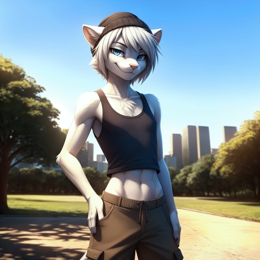 anthro beanie black_clothing black_topwear blue_eyes blue_sky bottomwear breasts cargo_shorts chest_tuft city cityscape clothed clothing confident crop_top day female fur grass hair hand_on_hip hat headgear headwear looking_at_viewer medium_hair midriff outside park path pink_nose plant public shirt shorts skinny sky skyline skyscraper small_breasts smile smirk smug solo standing tan_bottomwear tan_clothing tomboy topwear tree tuft white_body white_fur white_hair argon-42 domestic_cat felid feline felis mammal detailed hi_res portrait three-quarter_portrait