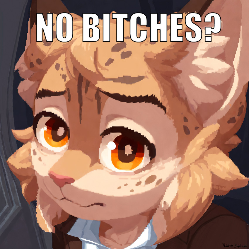 amber_eyes anthro blazer brown_clothing cheek_tuft clothing eyebrows facial_tuft fisheye_lens fur inner_ear_fluff looking_at_viewer male multicolored_body multicolored_fur pink_nose sad shirt solo spots spotted_body spotted_fur tan_body tan_fur text topwear tuft white_clothing white_shirt white_topwear loren_iipsum meme_2026 felid feline lynx mammal meme watermark