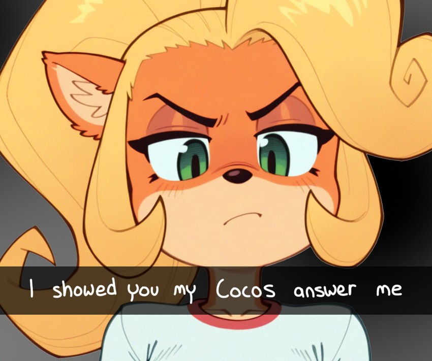 anthro blonde_hair clothing female green_eyes hair long_hair looking_at_viewer simple_background solo text anonymous_director crash_bandicoot_(series) coco_bandicoot mammal marsupial english_text