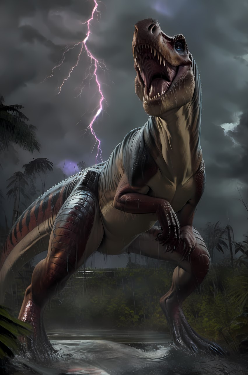 after_transformation countershading female feral gender_transformation jungle lightning raining red_body red_scales roaring scales solo storm stripes teeth transformation director_aagamemnon alana_(aagamemnon) dinosaur reptile scalie theropod tyrannosaurid tyrannosaurus tyrannosaurus_rex absurd_res hi_res