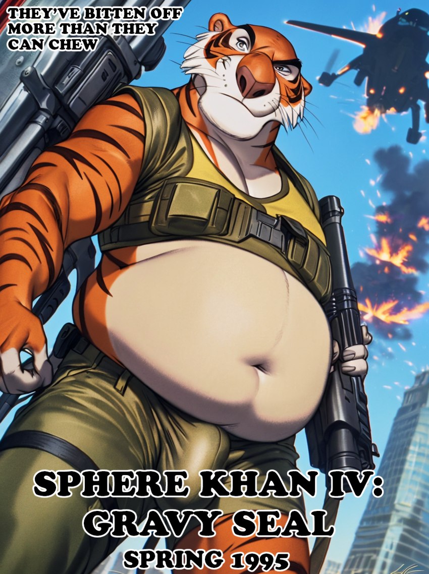 aircraft anthro bulge fur gun helicopter low-angle_view male orange_body orange_fur overweight ranged_weapon smile smirk solo tactical_gear text weapon uverage_(director) shere_khan felid mammal pantherine tiger hi_res